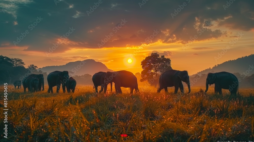 Fototapeta premium A herd of elephants are walking through a field at sunset