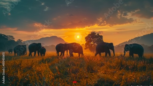 A herd of elephants are walking through a field at sunset © Tanakorn