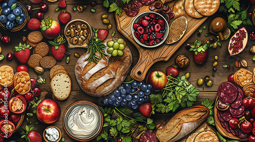 A beautiful spread of food, including fruit, vegetables, bread, and cheese.