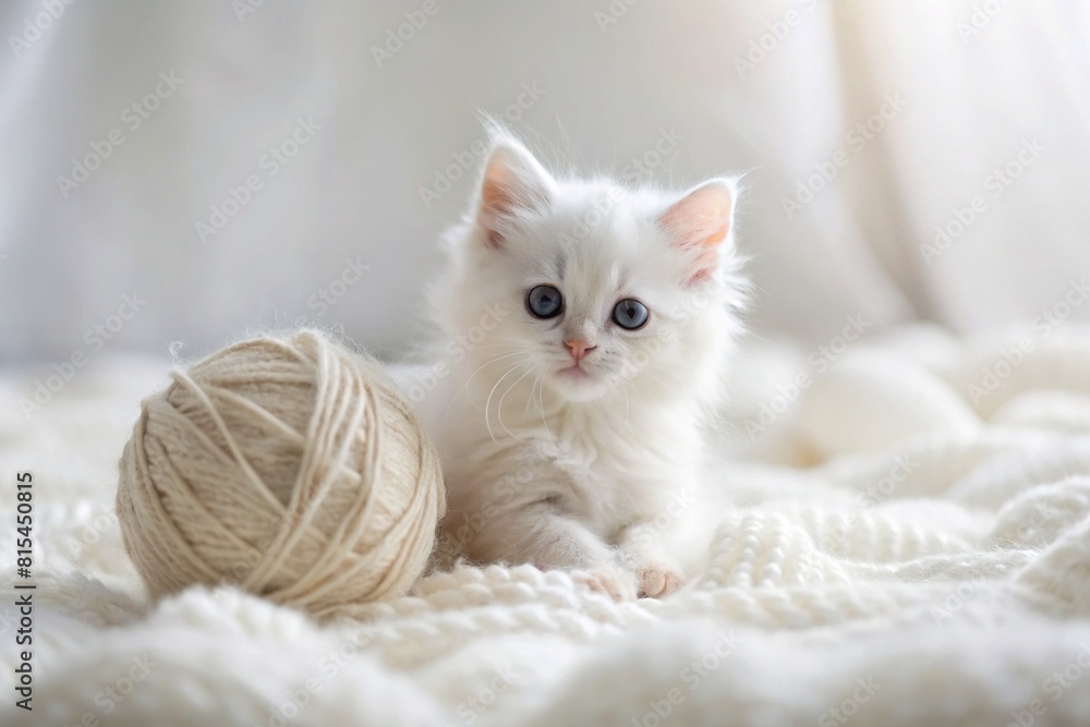 Pets. A small fluffy white kitten is playing with a ball of yarn on a white bed. A curious kitten lies on a white blanket and looks at the camera. Textiles, knitting. Pets. A small fluffy white kitten is playing with a ball of yarn on a white bed. A curious kitten lies on a white blanket and looks at the camera. Textiles, knitting.