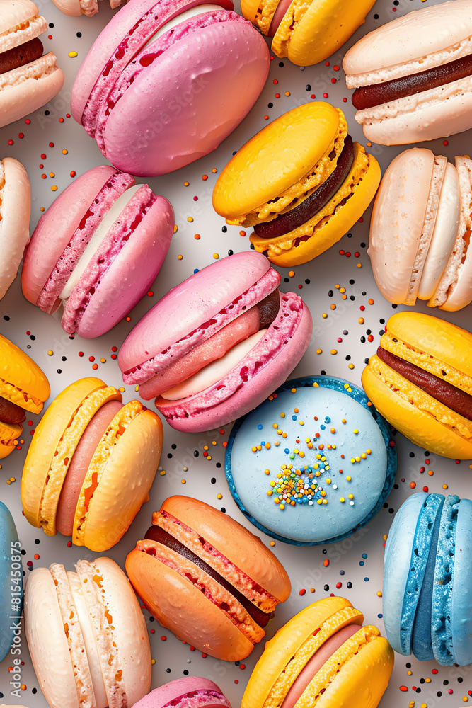 A variety of colorful macarons are arranged on a white surface. The macarons are in different flavors, including chocolate, vanilla, and strawberry. A variety of colorful macarons are arranged on a white surface. The macarons are in different flavors, including chocolate, vanilla, and strawberry.