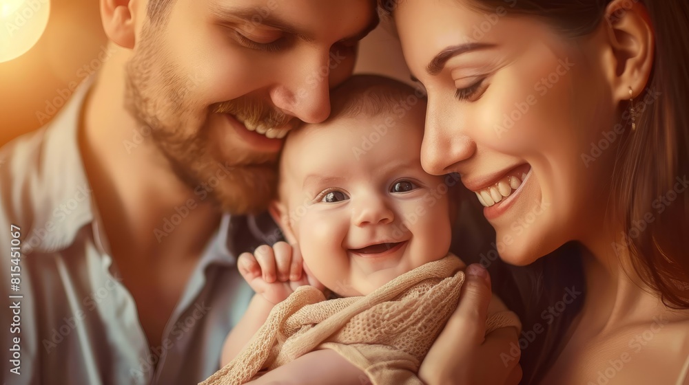 A woman closely holds and smiles at the camera while caring for a baby A man stands near, similarly engaged with his own infant A woman closely holds and smiles at the camera while caring for a baby A man stands near, similarly engaged with his own infant