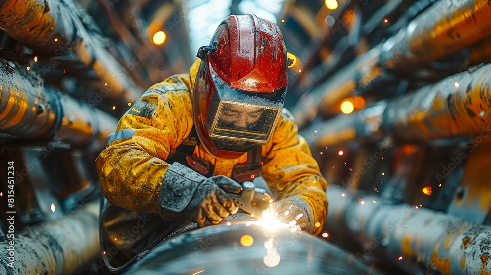Welder at work in a factory. He is welding steel pipes Welder at work in a factory. He is welding steel pipes