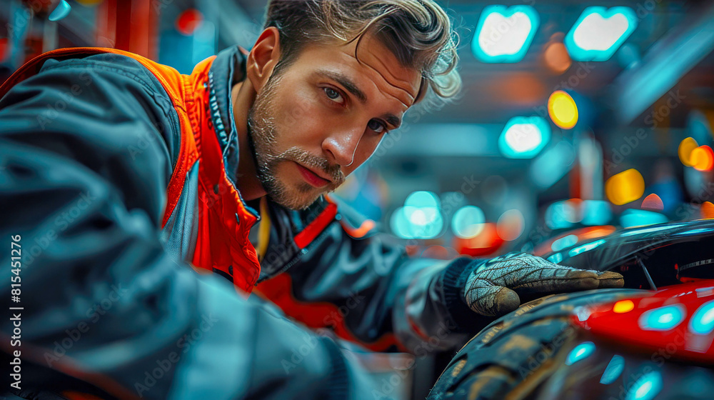 Portrait of a car mechanic repairing a car in a garage Portrait of a car mechanic repairing a car in a garage