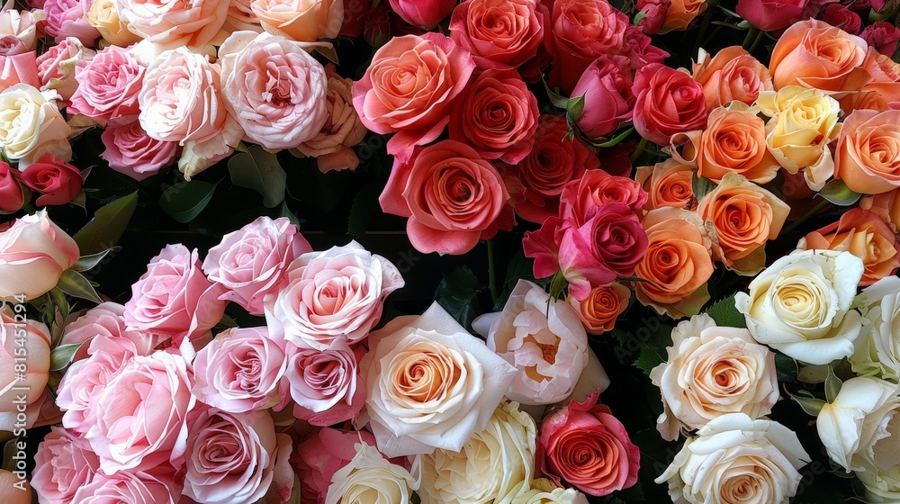 A bouquet of roses in various colors, including pink, white, and orange