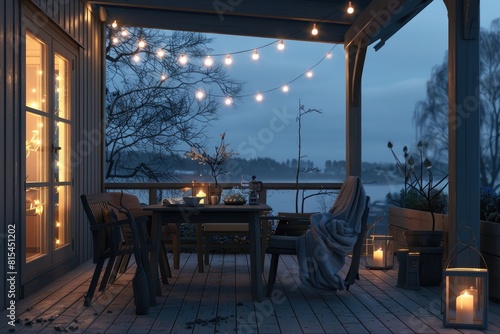 patio furniture on deck with string lights at night