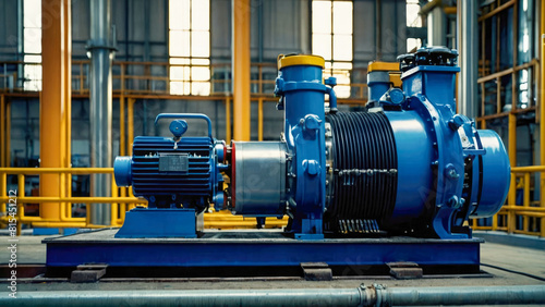 Blue industrial water pump with asynchronous electric motor on a dark background