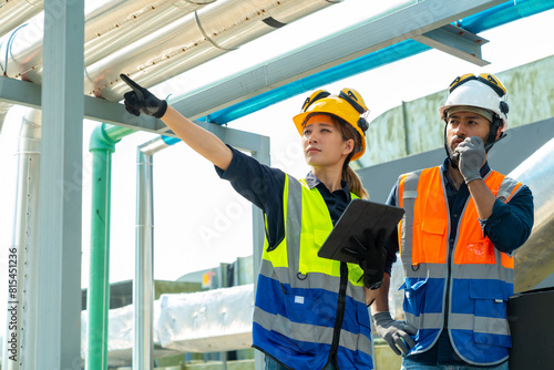 Professional Asian man and woman teamwork engineer in safety uniform working at outdoor construction site rooftop. Industrial technician worker maintenance checking building exterior plumbing systems.