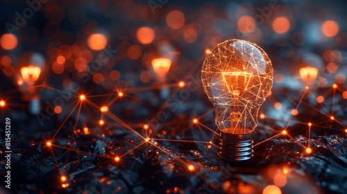 Brainstorming and Solution: A 3D vector illustration of a lightbulb surrounded by interconnected lightbulbs photo