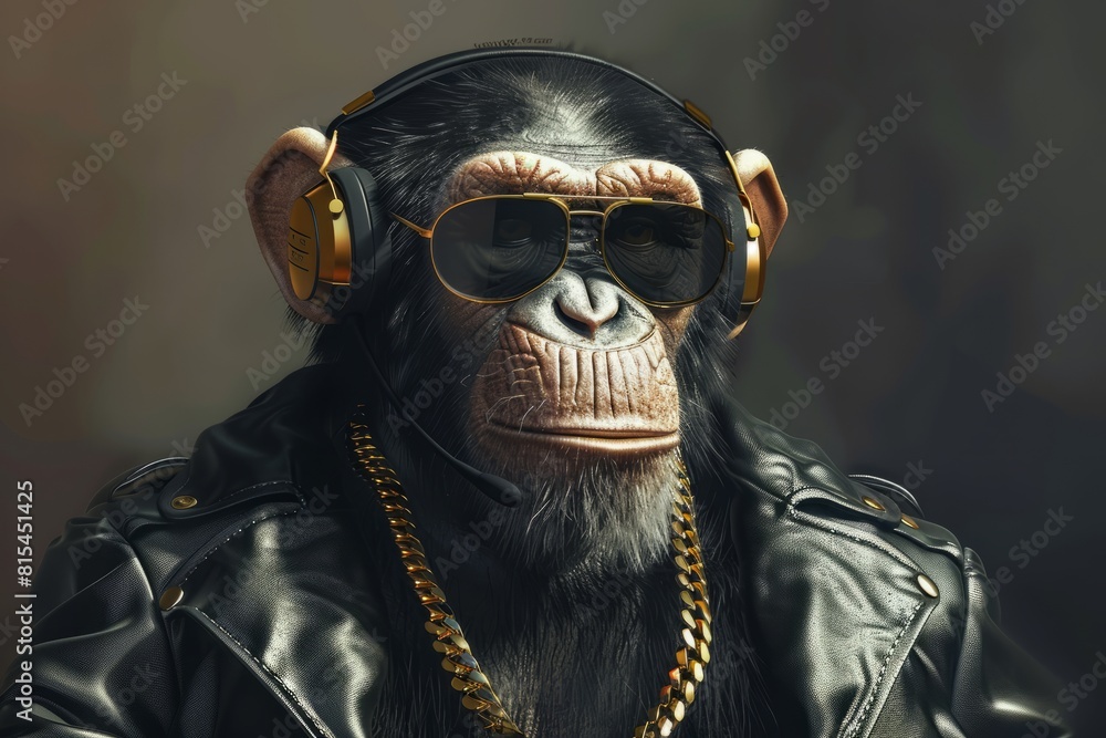 A chimpanzee wearing black sunglasses