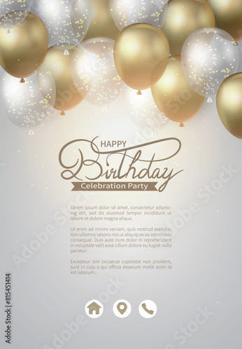 Birthday party balloons vector background design. Decorative elements with balloons and confetti for birthday party poster design.