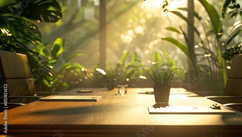 meeting and conference table with plants and papers