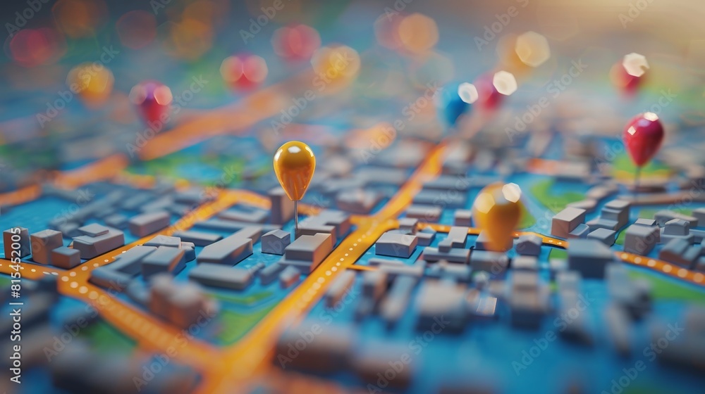 Customer Mapping: A 3D vector illustration of a map with pins for customer mapping Customer Mapping: A 3D vector illustration of a map with pins for customer mapping