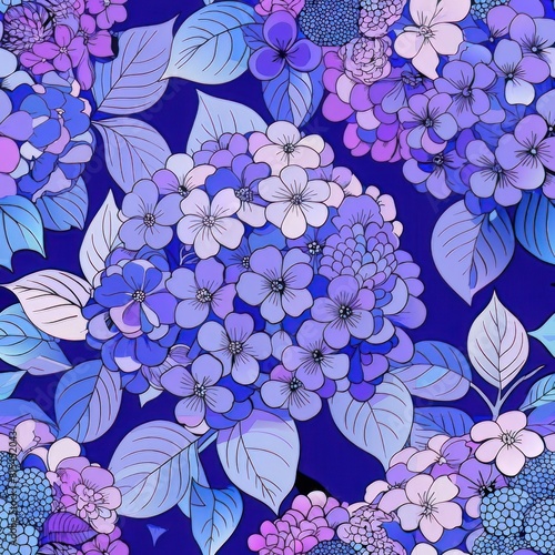 Seamless pattern of classic hydrangeas in shades of blue and lavender  Generative AI