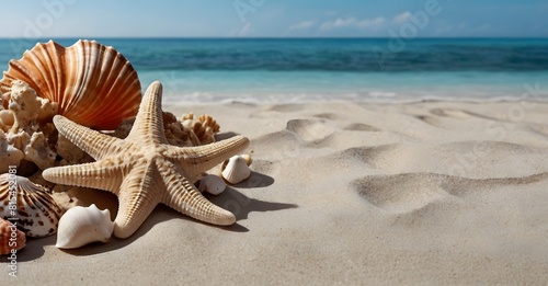 sea shells and starfish on the beach. summer holiday background  banner with copy space