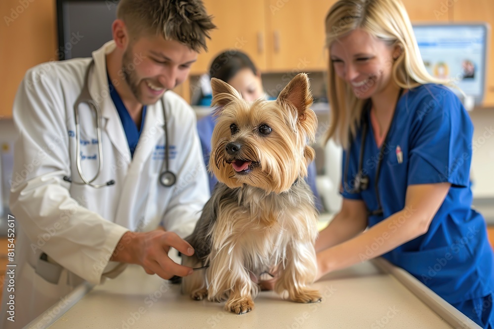A small Yorkshire Terrier dog is sitting on the table in front of two people, one male and female doctor wearing white coats with stethoscopes around their necks. copy space for text. A small Yorkshire Terrier dog is sitting on the table in front of two people, one male and female doctor wearing white coats with stethoscopes around their necks. copy space for text.