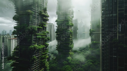 A visionary scene depicting a cityscape where futuristic skyscrapers seamlessly fuse with lush vertical gardens  symbolizing urban and natural harmony