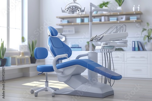 Dental chair and dental equipment in a blue colored background. Dentist office interior design  3D rendering illustration. copy space for text.