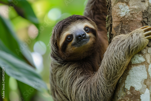 Smiling sloth on tree. Tropical cute animal portrait in nature.