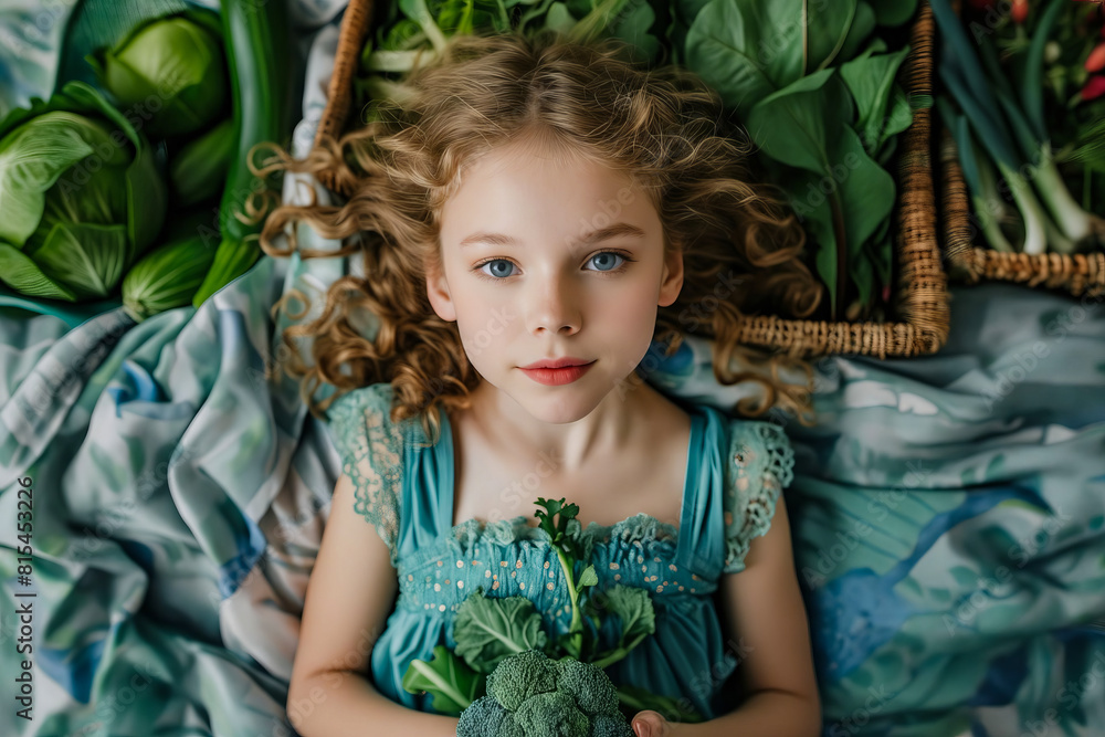 A little girl is holding a bunch of vegetables. A little girl is holding a bunch of vegetables.