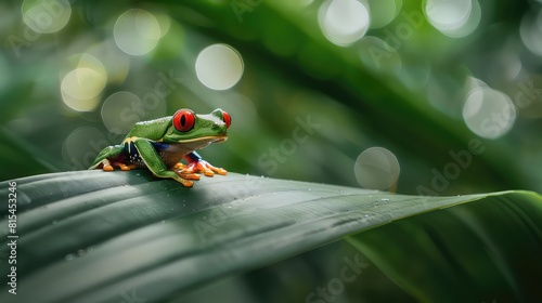 Intimate moment captured as a cute red-eyed frog sits peacefully on a green leaf, with a bokeh background adding depth and dimension to the serene rainforest scene. photo