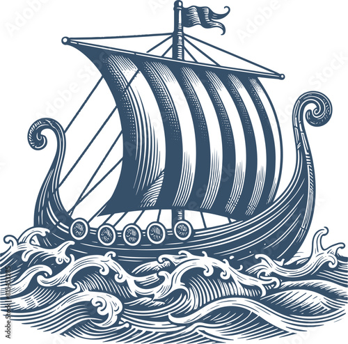 Nautical woodcut of an ancient sailing ship in vector