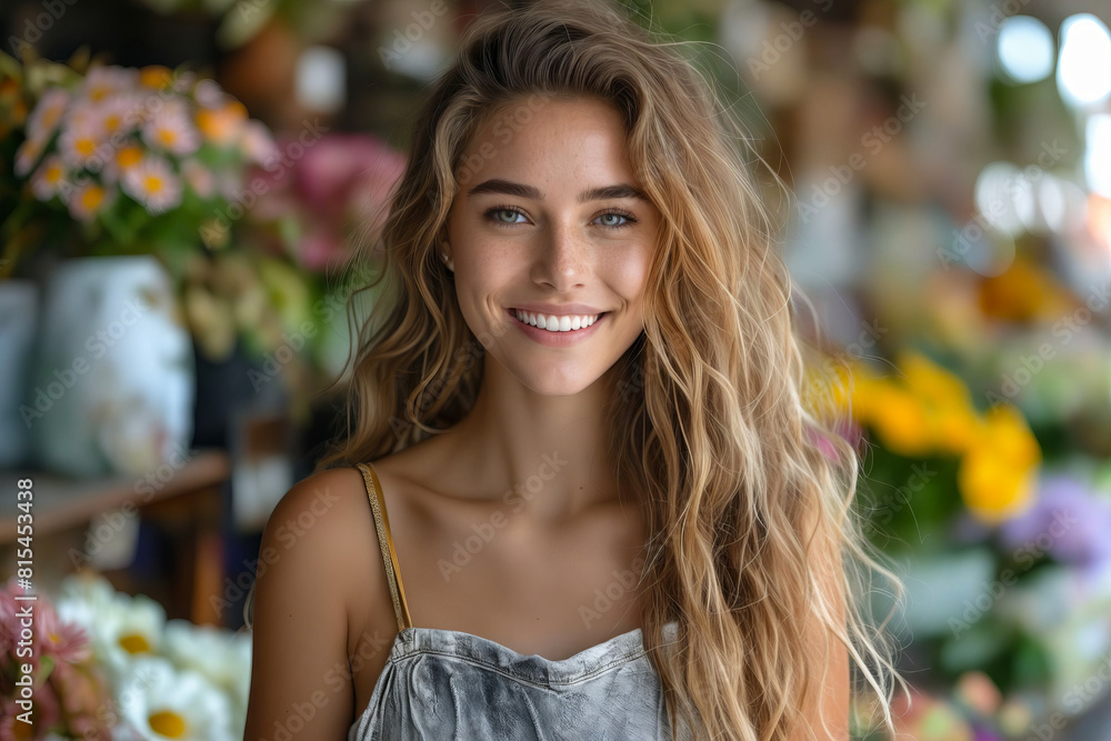 A beautiful woman smiling in front of flowers. A beautiful woman smiling in front of flowers.