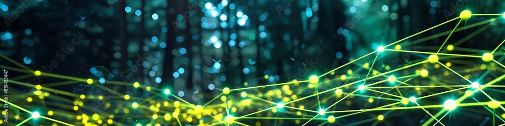 Obraz premium A vibrant network of interconnected nodes in neon green and bright yellow