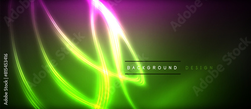 Electric blue and magenta neon waves light up the sky against a dark background, creating a visually stunning art installation with a lens flare effect