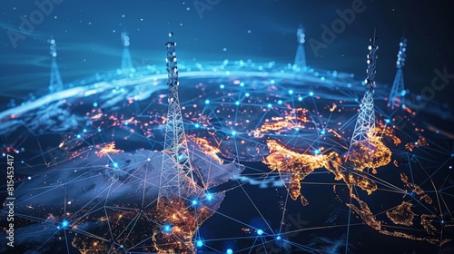 Global Communication: A 3D vector illustration of a network of communication towers around the globe photo