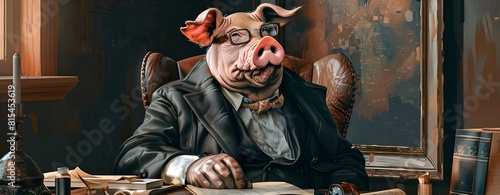 Pig wearing a classy suit sitting in the executive chair. Piggy Power Classy Hog Boss. 
Executive Oink Suited Pig in Control. 
Porky Professional Stylish Pig in Suit photo
