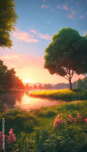 Illustrate a serene peaceful nature scene in summe