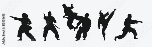 Set of silhouettes of karateka, male and female athletes. Martial arts, competition, fighting. Different pose, movement on isolated background. Vector illustration.