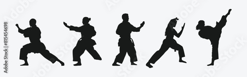 Set of silhouettes of karateka, male and female athletes. Martial arts, competition, fighting. Different pose, movement on isolated background. Vector illustration.