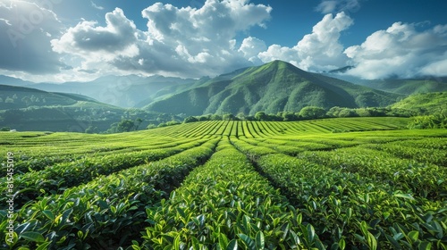 A lush green field with mountains in the background