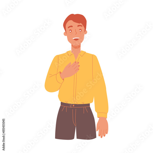  Sincere man holds his hand on his chest. Sign of recognition and gratitude. Vector flat illustration. 
