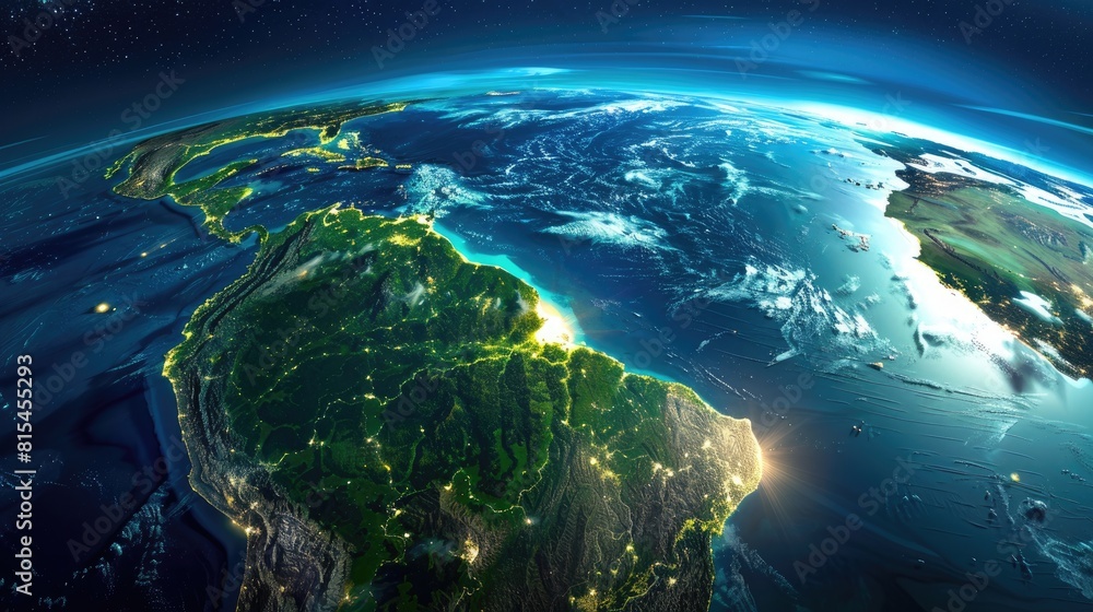 Obraz premium Experience the mesmerizing beauty of planet Earth in intricate detail as the radiant city lights of night gracefully transition into the light of day showcasing the breathtaking boundary be