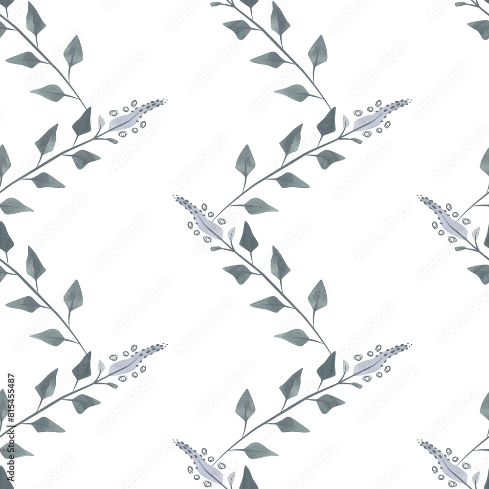 Obraz premium Flowering twigs and leaves of mint or lemon balm in a dusty green color in sketch style. Seamless watercolor pattern for fabric, wallpaper, wrapping paper, packaging cosmetics, tablecloths, curtains