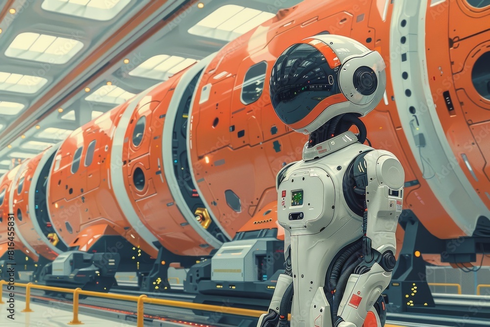 AI robot stands at the conveyor line for airplanes in factories