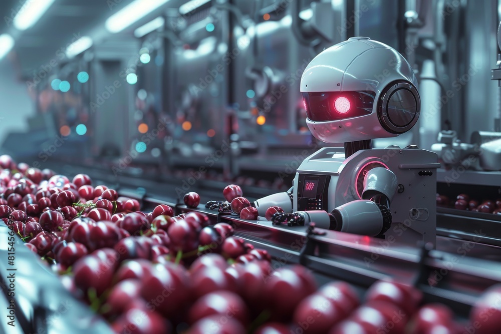 custom made wallpaper toronto digitalFresh eggplants on a conveyor line in a factory and a smart AI robot, packaging, processing and exporting