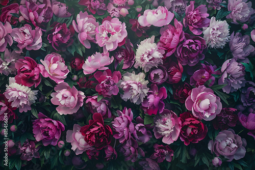 A panoramic image filled with the lush fullness of blooming peonies, showcasing a range of pinks from soft to deep magenta, capturing the essence of a vibrant spring or summer garden
