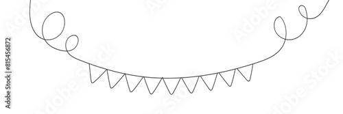 Continuous line art drawing buntings garland. Celebration party hand drawn flags. Vector linear illustration isolated on white background. EPS 10/AI