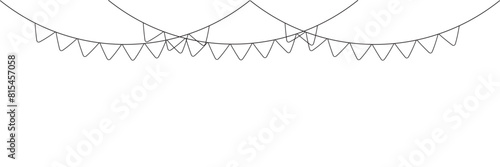 Continuous line art drawing buntings garland. Celebration party hand drawn flags. Vector linear illustration isolated on white background. EPS 10/AI