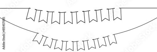Continuous line art drawing buntings garland. Celebration party hand drawn flags. Vector linear illustration isolated on white background. EPS 10/AI