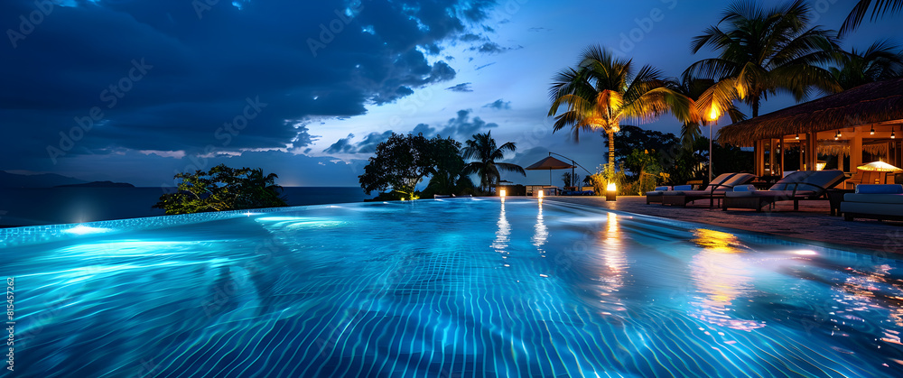 Fototapeta premium A luxurious tropical resort pool at night, perfect for relaxation and vacation. The pool is surrounded by palm trees and ambient lighting, creating a serene and beautiful atmosphere.