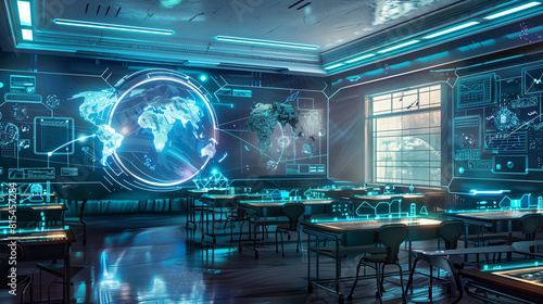 focus on, technology in education theme, futuristic, Multilayer, digital classroom as backdrop.