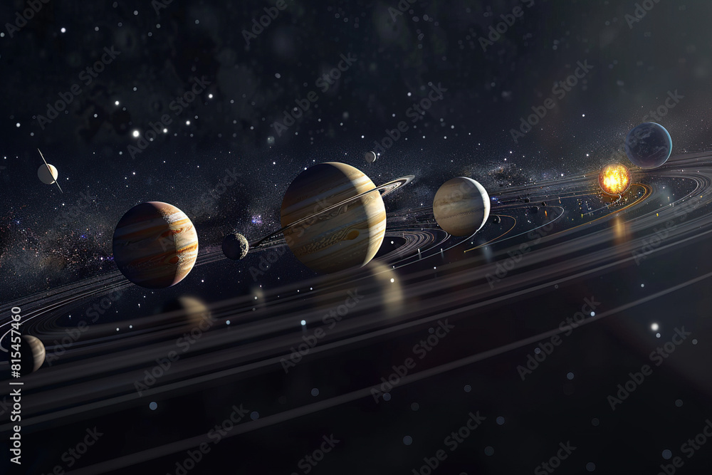 Naklejka premium Generative ai on theme of parade of planets in solar system, bright stars glow in atmosphere