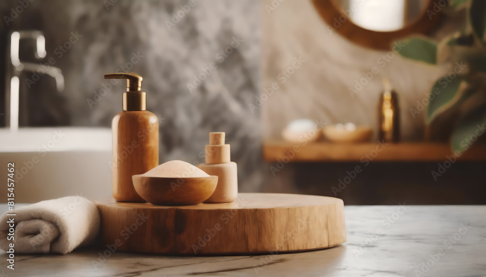 Wooden podium for bathing and spa products in defocused bathroom