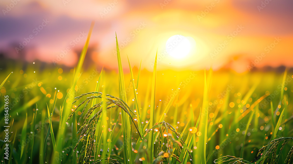 Fototapeta premium selective focus, joy of harvest theme, vibrant, Overlay, rice field at sunset as backdrop.