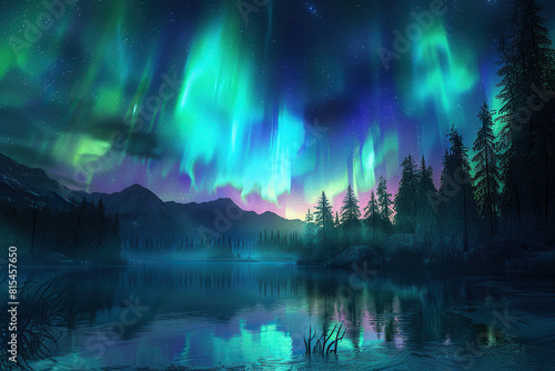 Generative ai on theme of beautiful northern lights, bright aurora borealis winter in atmosphere